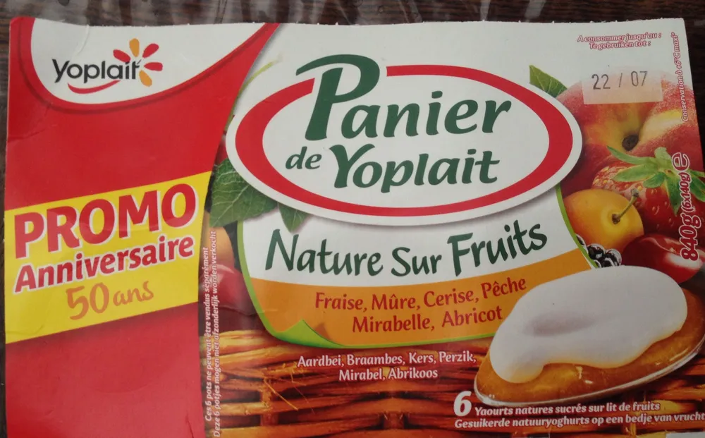Panier de Yoplait, Nature Sur Fruits (Fraise, Mûre, Cerise, Pêche, Mirabelle, Abricot)