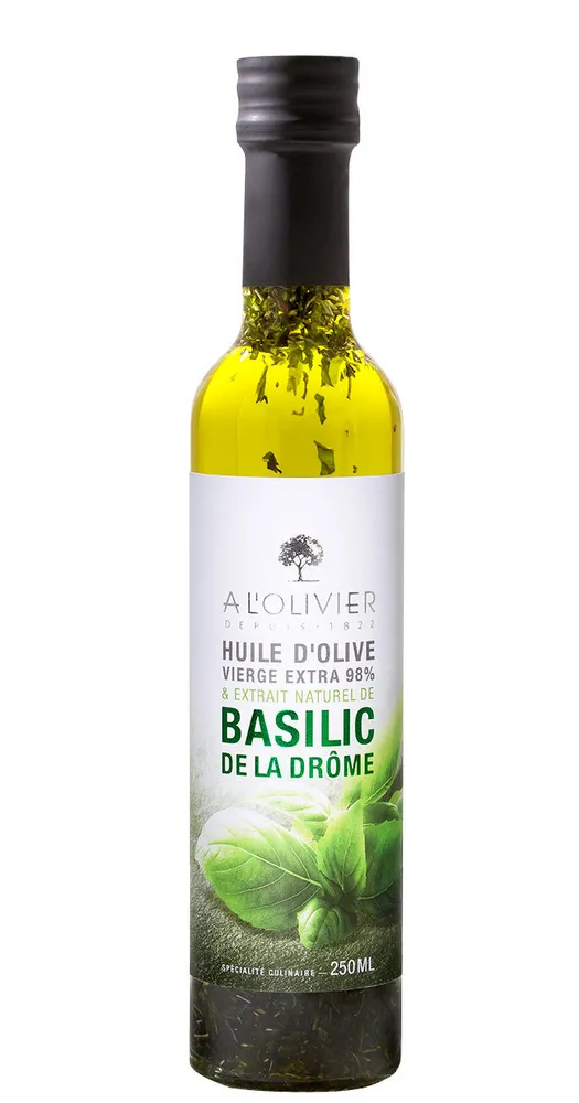 Huile d'olive vierge extra 98% aromatisée au basilic de la Drôme
