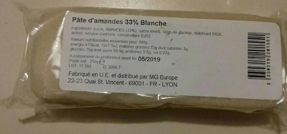 Pâte d'amandes 33 % blanche