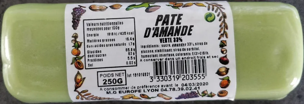 Pâte d'amande verte 33 %