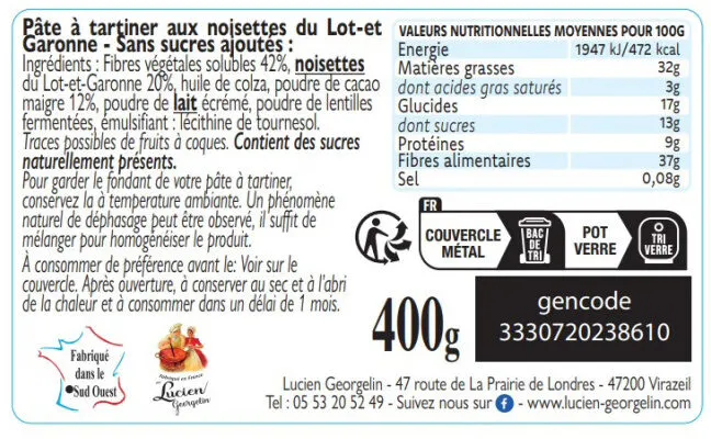 Pâte à tartiner 20% de noisettes et cacao