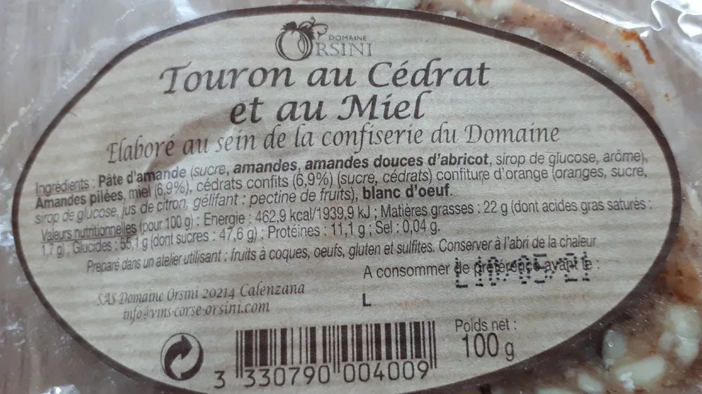 Touron au cédrat et au miel