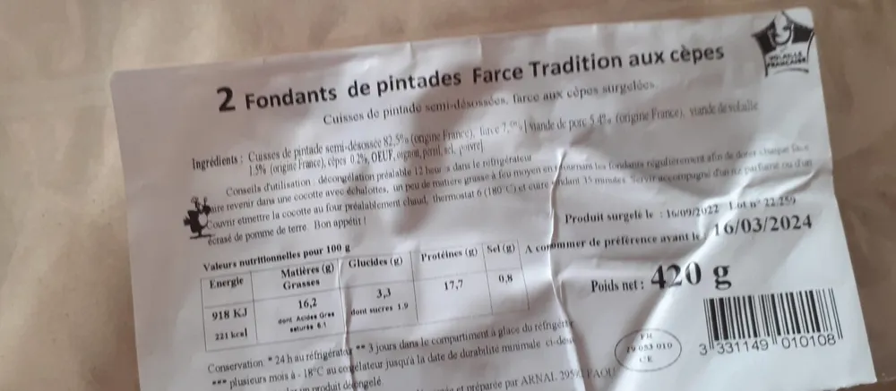 Fondants de pintades farce aux cèpes