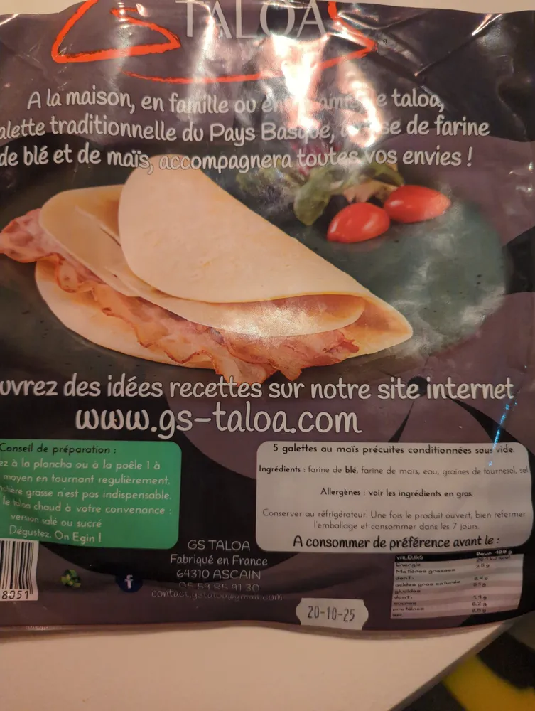 galettes au maïs précuites conditionnées sous vide