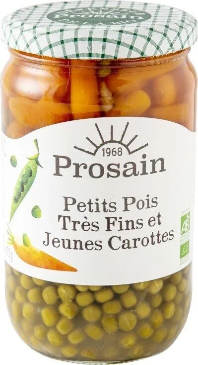Petits pois très fins préparés et jeunes carottes