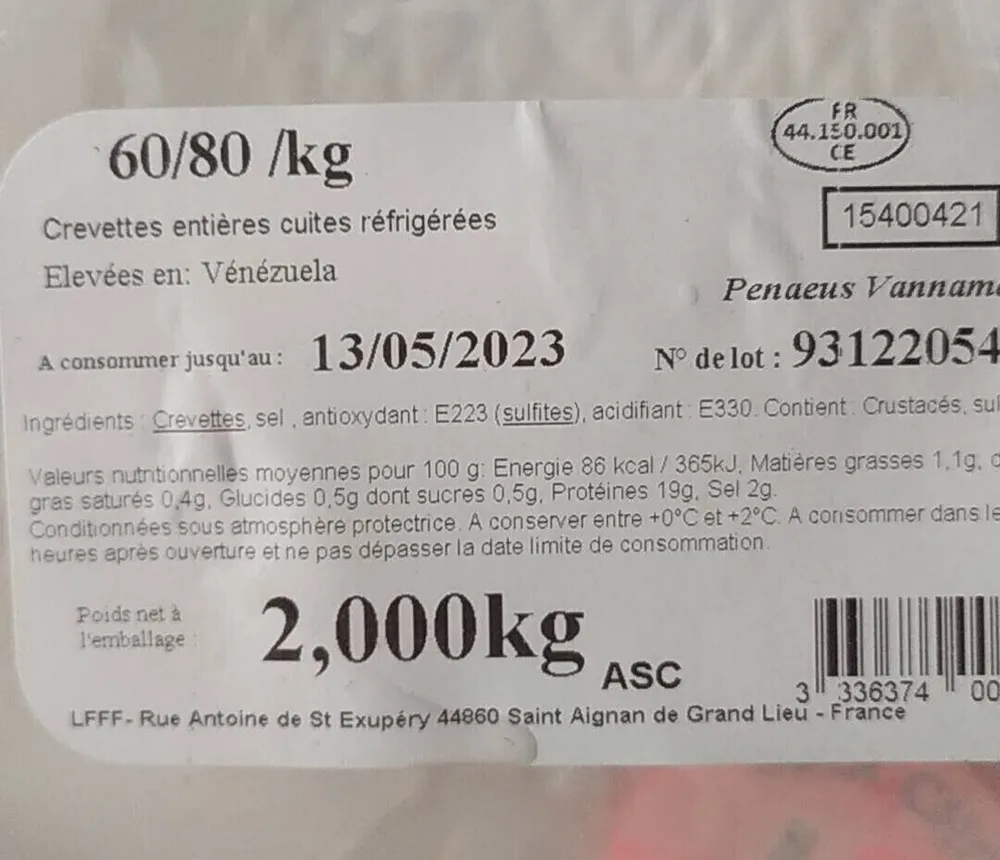 Crevettes entière 60/80