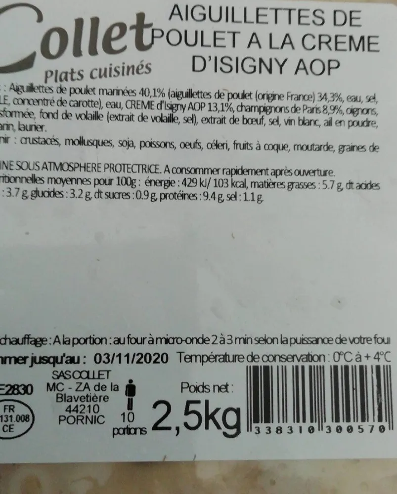 Aiguillettes de poulet à la crème d'Isigny AOP
