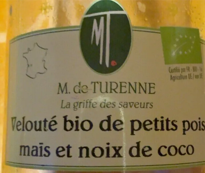 Velouté bio de petits pois, maïs et noix de coco