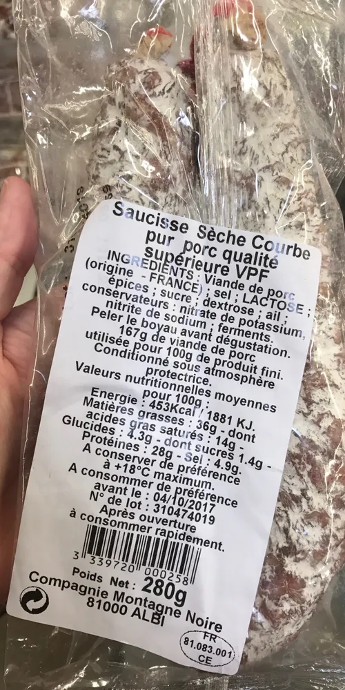Saucisse sèche Courbe pur porc qualité supérieure VPF