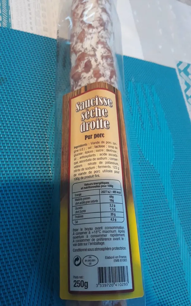 Saucisse sèche droite - pur porc