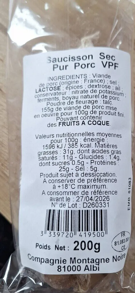 Saucisson sec pur porc vpf
