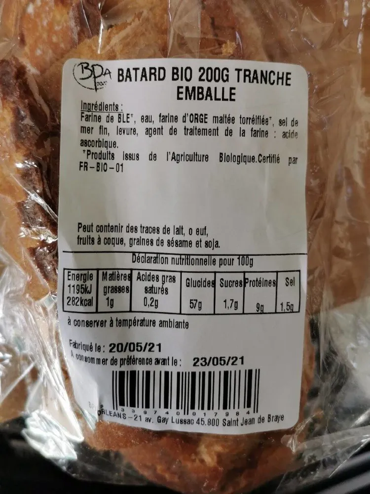 Batard bio tranche emballé