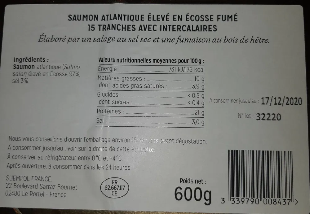 Saumon Atlantique fumé élevé en écosse