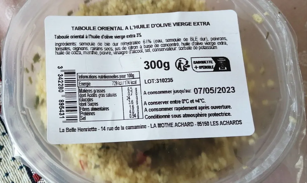 Taboulé oriental à  l'huile d'olive vierges extra.