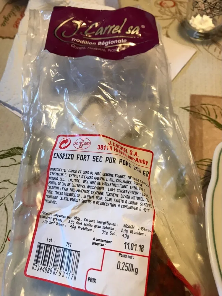 Chorizo fort sec pur porc 250 gr