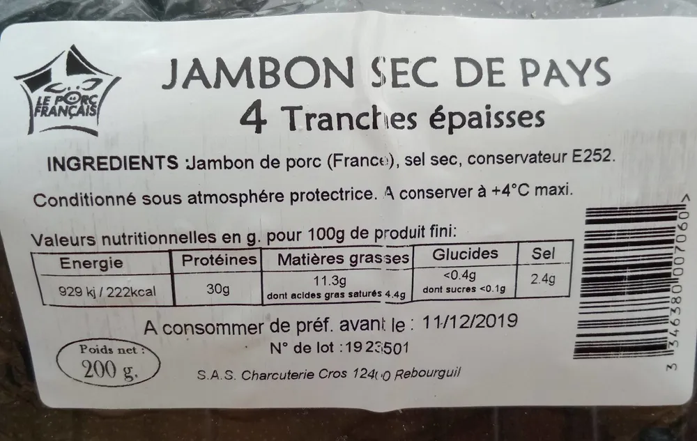 Jambon sec de pays - 4 tranches épaisses