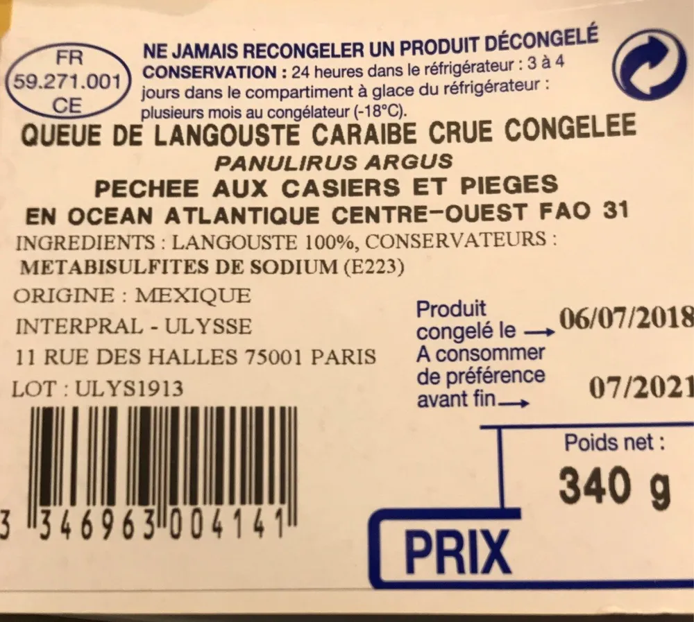 Queue de langouste caraibe crue