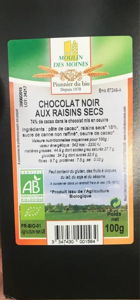 Chocolat noir aux raisins secs