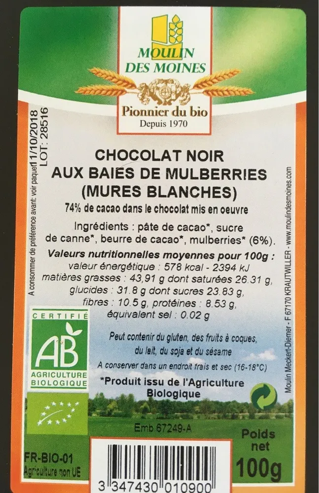 chocolat noir aux mures blanches