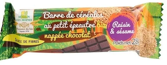 Barres de Céréales Bio au Petit Épeautre Nappée de Chocolat, Raisin et Sésame