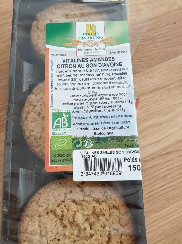 Vitalines amandes citron au son d’avoine
