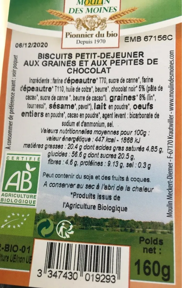 Biscuits petit dejeuner  aux graines et pepites de chocolat