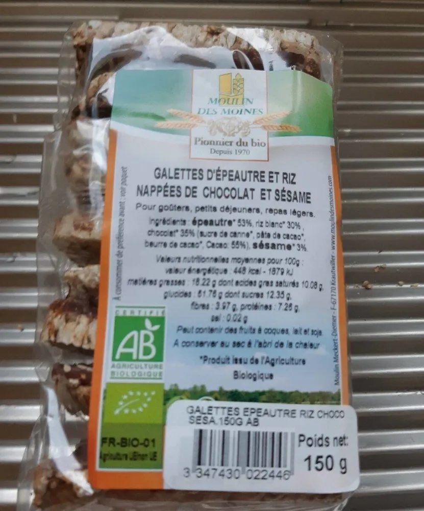Galette d'épeautre et riz nappées chocolat et sésame