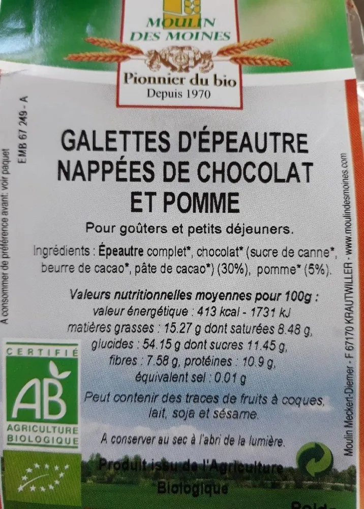 Galettes d'épeautre nappées de chocolat et pomme