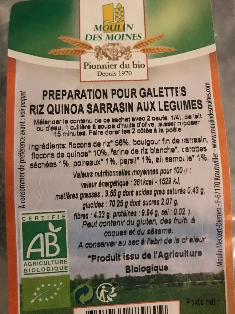 Preparation pour galette riz quinoa sarrasin aux legumes