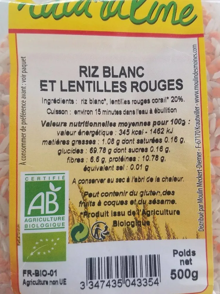 Riz blanc et lentilles rouges