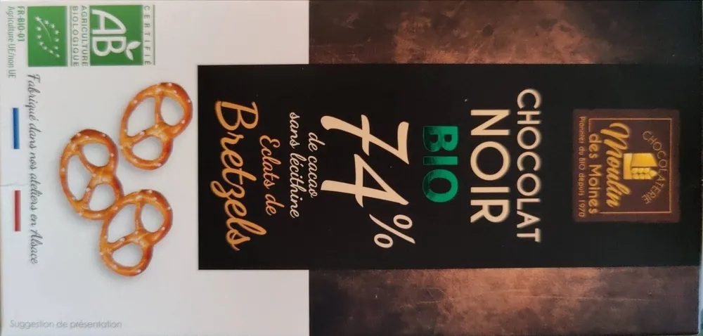Chocolat noir bio 74% éclats de bretzels