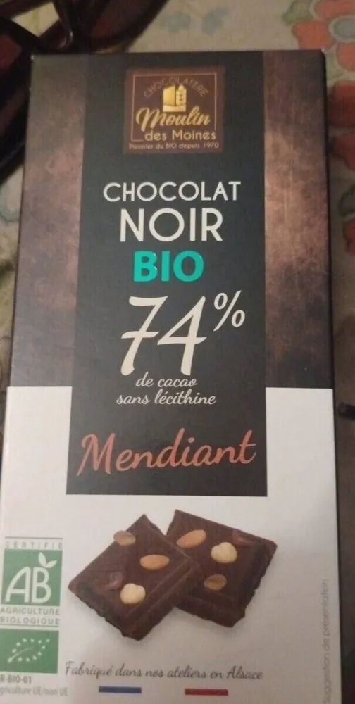 CHOCOLAT NOIR BIO 74% de cacao sans lécithine Mendiant