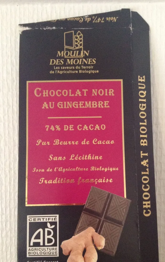 Chocolat noir au gingembre 74% de Cacao