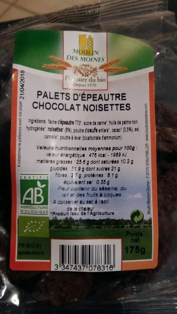 Palets d'épeautre chocolat noisettes