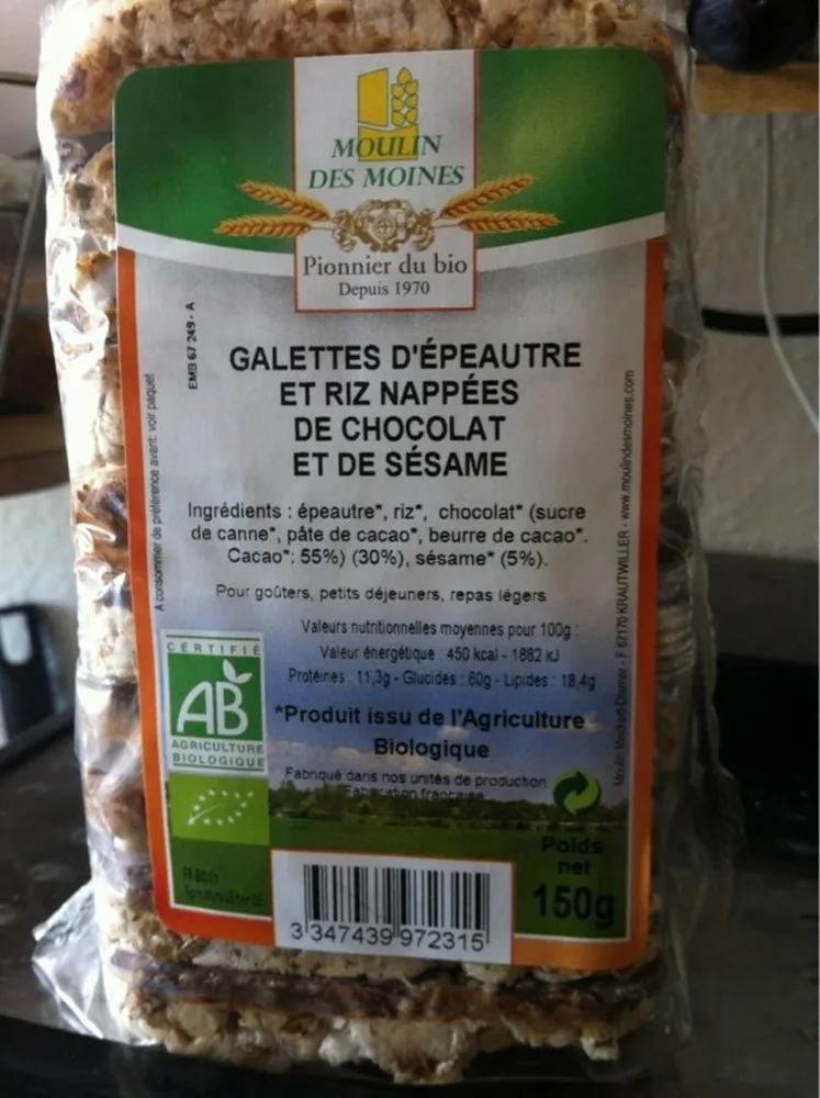 Galettes d'épeautre et riz nappées de chocolat et de sésame