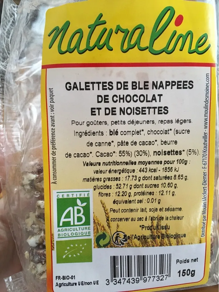 Galettes de blé nappées de chocolat et de noisettes