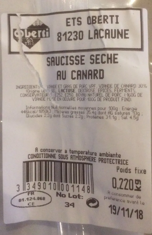 Saucisse seche au canard