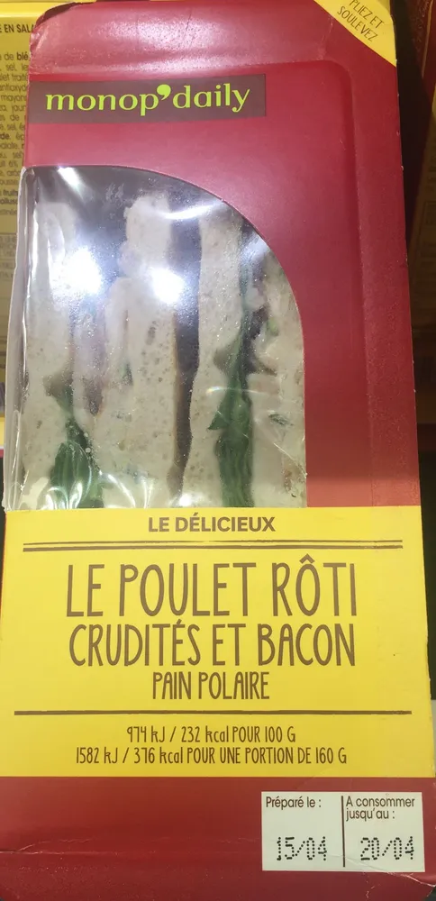 Sandwich poulet roti crudité et bacon - pain polaire