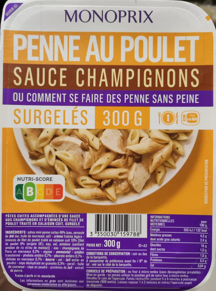 Penne au poulet sauce champignons