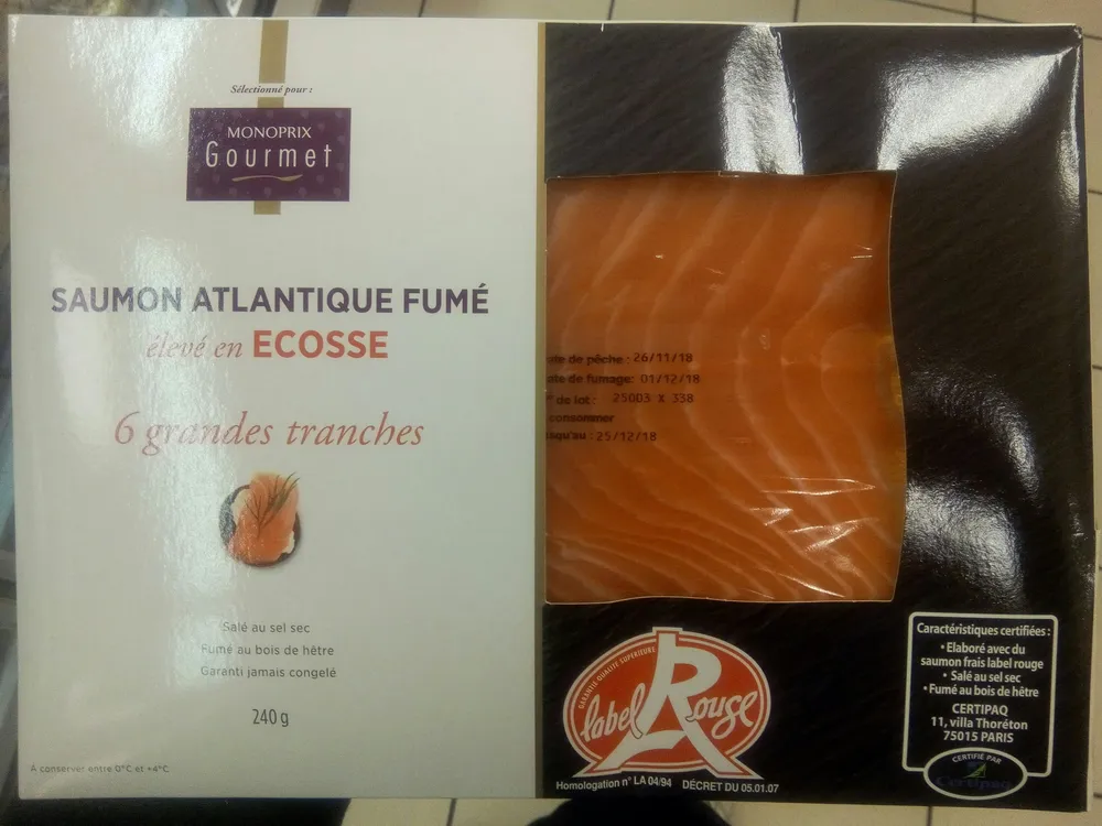 Saumon Atlantique fumé, élevé en Ecosse