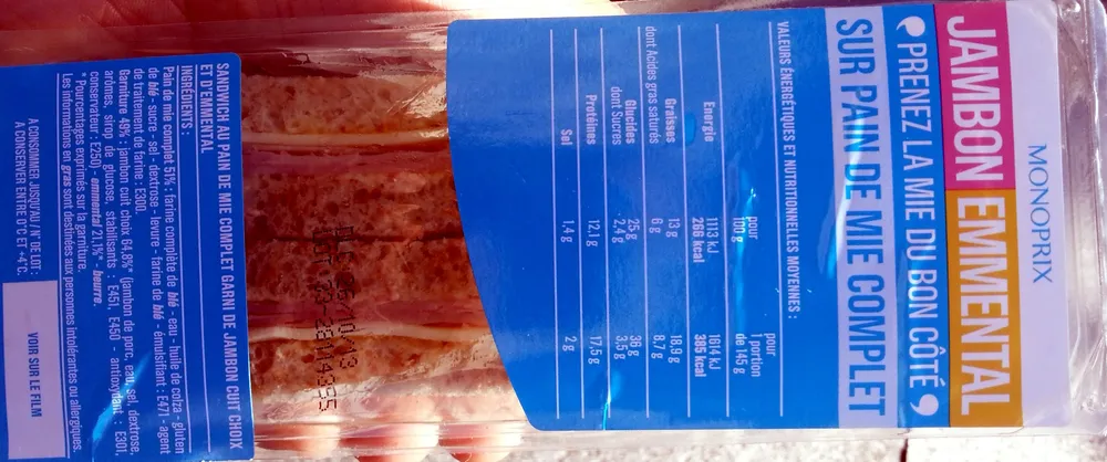 Jambon emmental sur pain de mie complet
