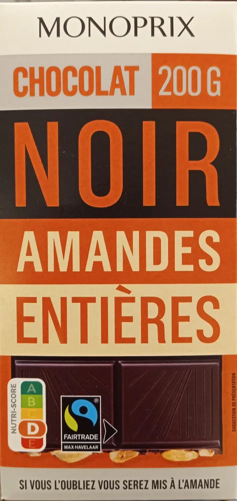 Chocolat noir amandes entières