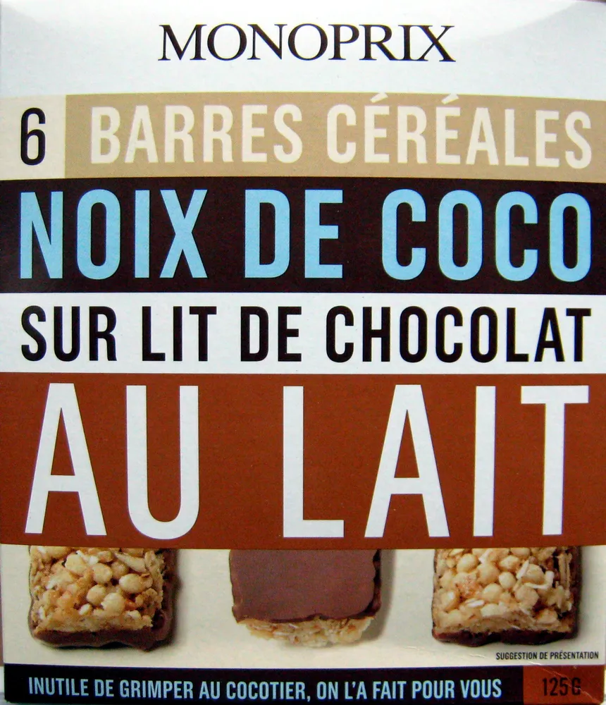 6 Barres céréales Noix de coco sur lit de chocolat au lait Monoprix