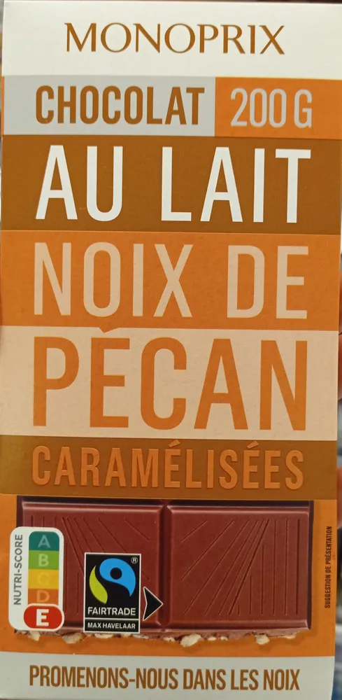 Chocolat au lait et aux morceaux de noix de pécan caramélisées