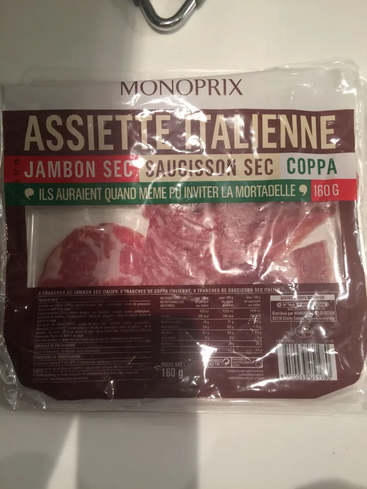 Assiette Italienne, jambon sec, saucisson sec et coppa