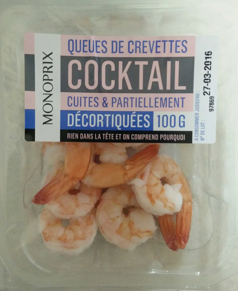 Queues de crevettes cocktail cuites & partiellement décortiquées