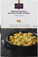 Gratin de ravioles aux noix de Saint-Jacques, crème safranée