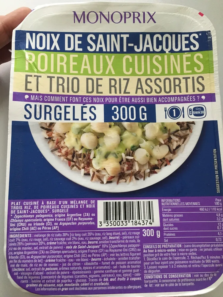 Noix de saint-Jacques poireaux cuisinés et trio de riz assortis