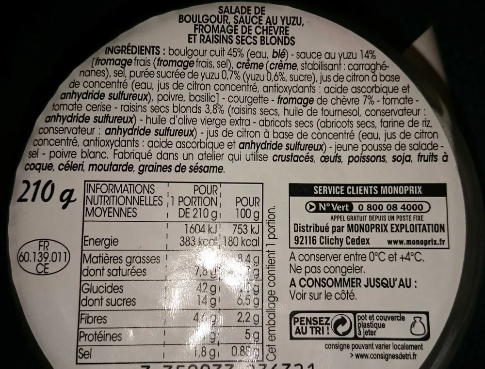 Salade de Boulgour, Sauce au Yuzu, Fromage de Chèvre et Raisins Secs Blonds
