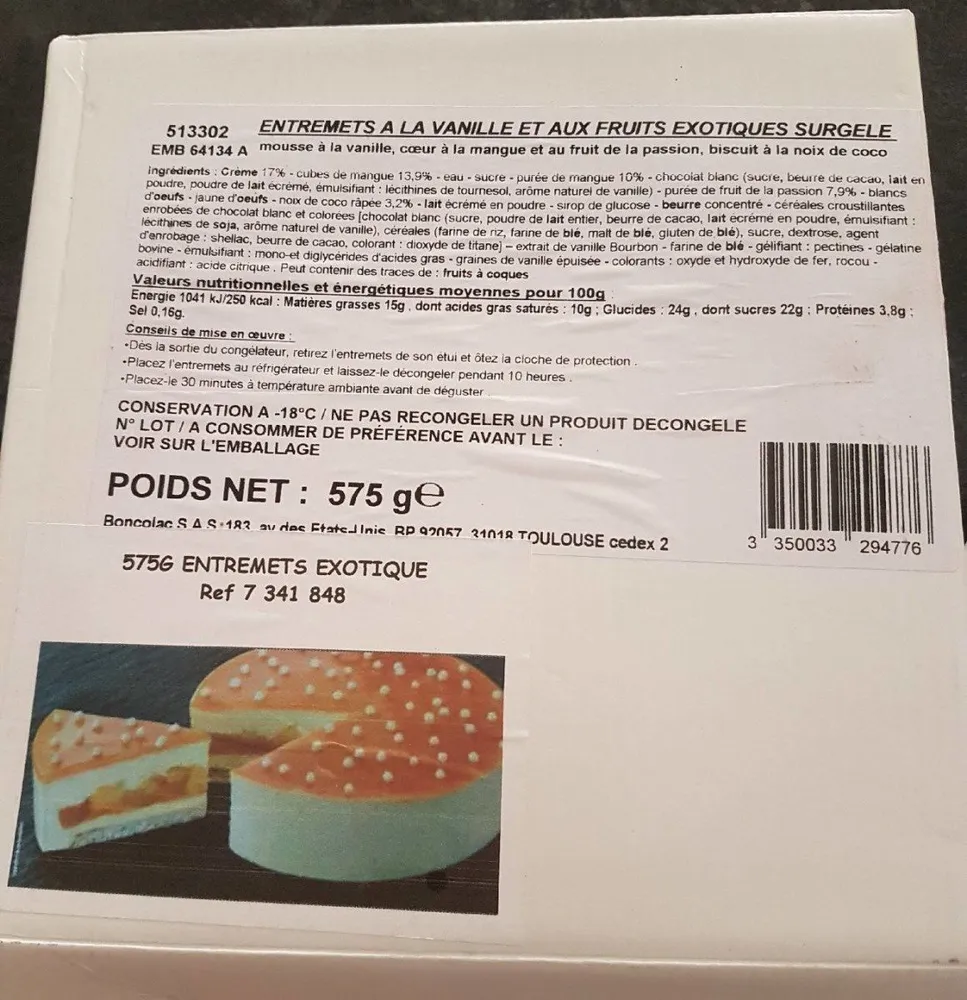 Entremets a la vanille et aux fruits exotiques surgele